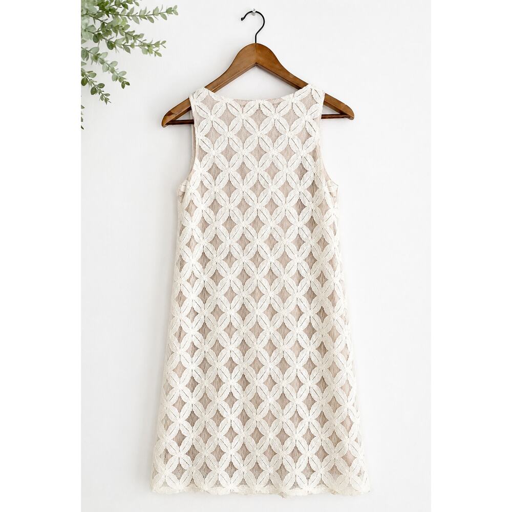 Women's Ivory Lace Sleeveless Shift Dress Size S Boho Floral Overlay Lined - Picture 2 of 3